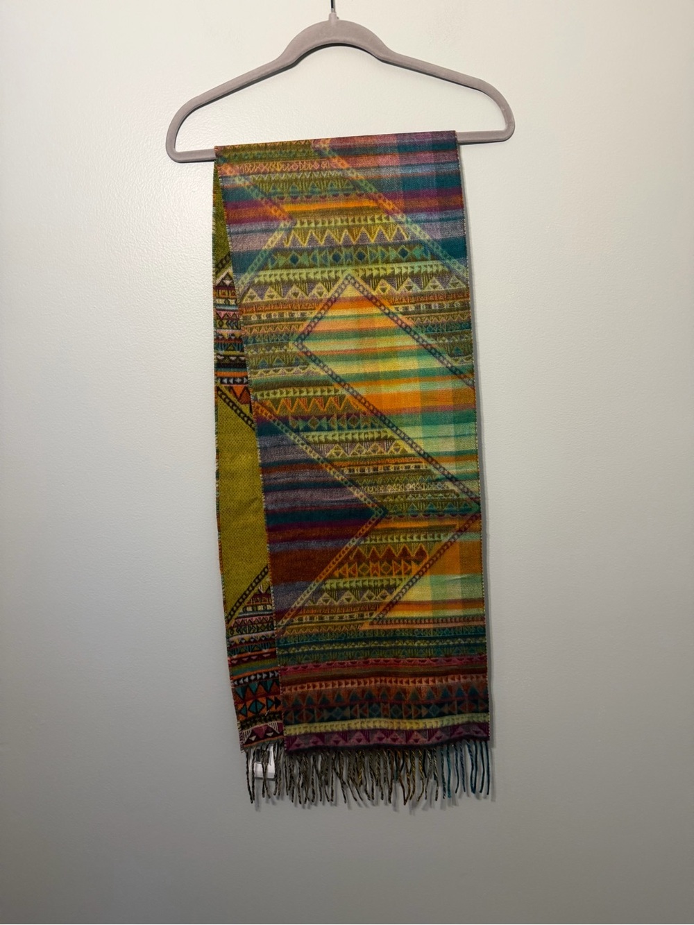 Fraas Multicolor Geometric Fringe Scarf in Yellow, Green, Blue and Orange